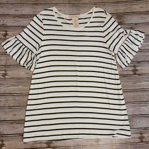 Philosophy Black and White Stripe Tee with Ruffle Sleeves Size M